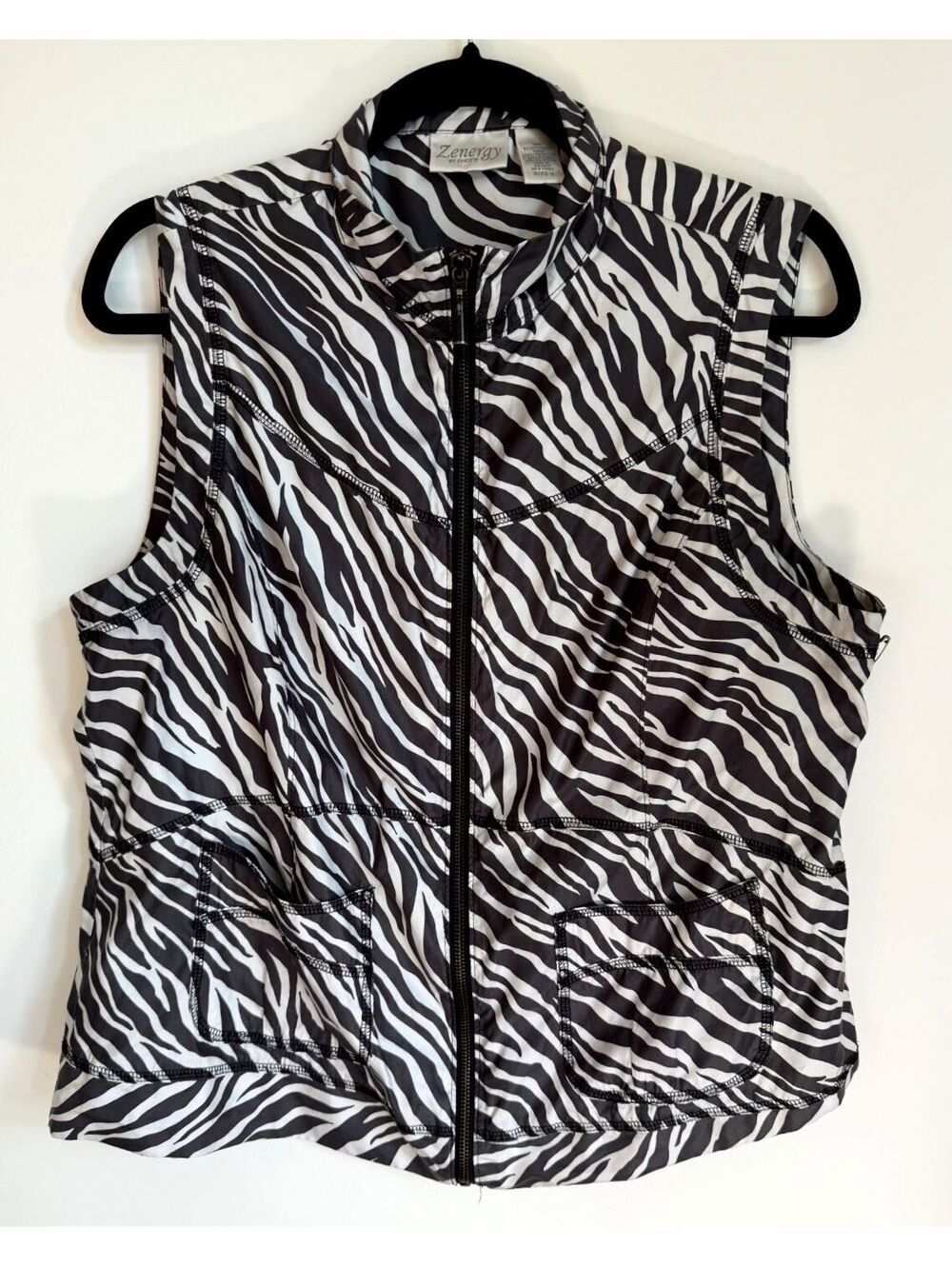 Zenergy by Chico’s Zebra Print Sleeveless Vest Sz 2 Black White Athleisure Layer